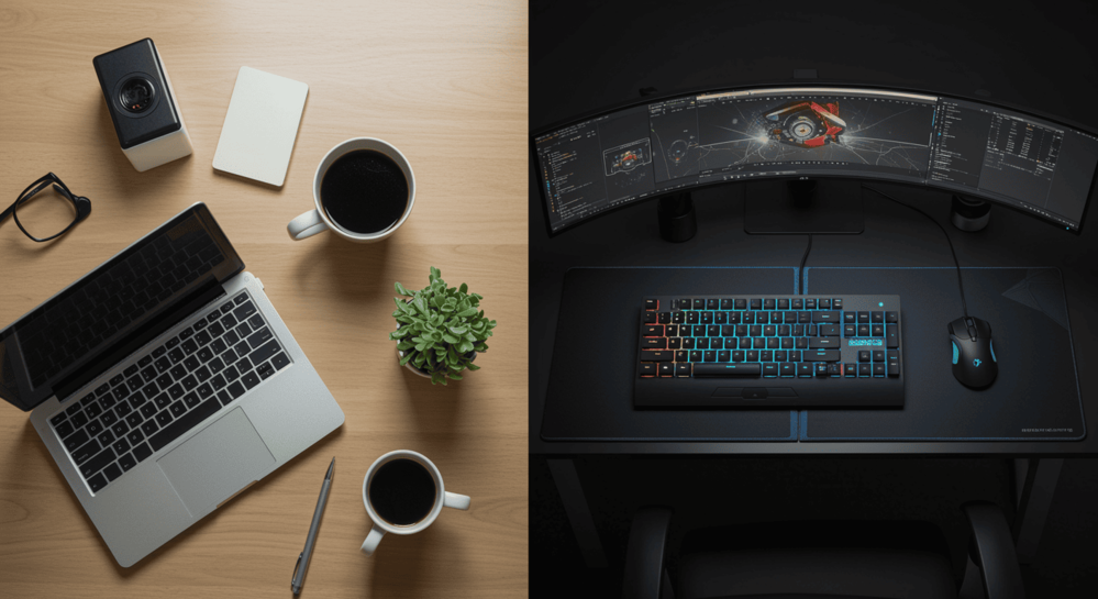 Zestawienie biurka biurowego z laptopem oraz profesjonalnego stanowiska z szerokim monitorem – wybierz swój styl, wykorzystując trwający na niejeden laptop promocja.